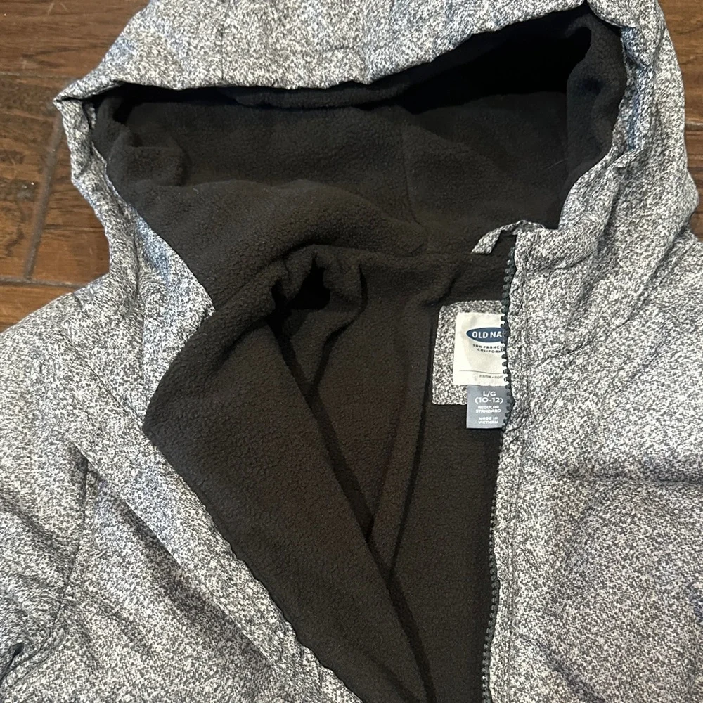 Old Navy‎ Boys Gray Marled Speckled Hooded Puffer Jacket Size L (10-12)